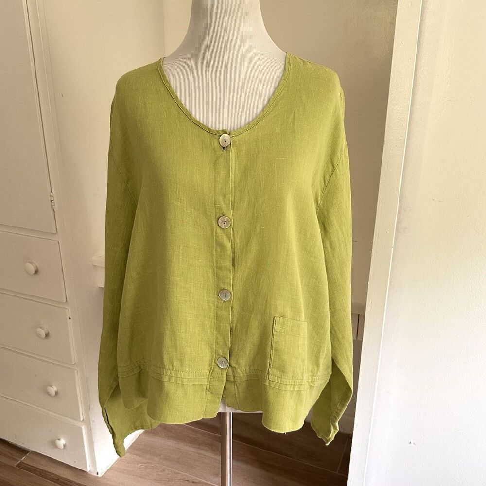 FLAX Womens Green Woven Linen Lagenlook Boho Long Sleeve Button Up Top Sz L - Picture 6 of 10